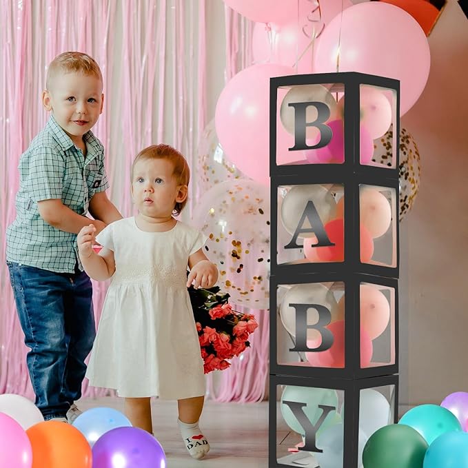 Baby Boxes with 4 PCS Letters for Baby Shower Black Clear Balloon Box Blocks Gender Reveal Decorations and Birthday Party (Black)
