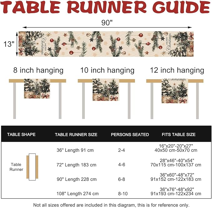 Merry Christmas Tree Dining Table Runner, Xmas Balls Pine Needle Branches Burlap Kitchen Decoration, Winter Holiday Indoor Outdoor Home Decor Party Supply 13 x 90 Inches