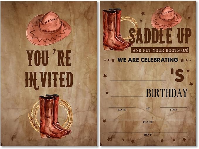 Soiceu Retro Counrty Western Birthday Party Invitations with Envelopes Set of 20 Wild West Cowboy Birthday Party Invites for Men