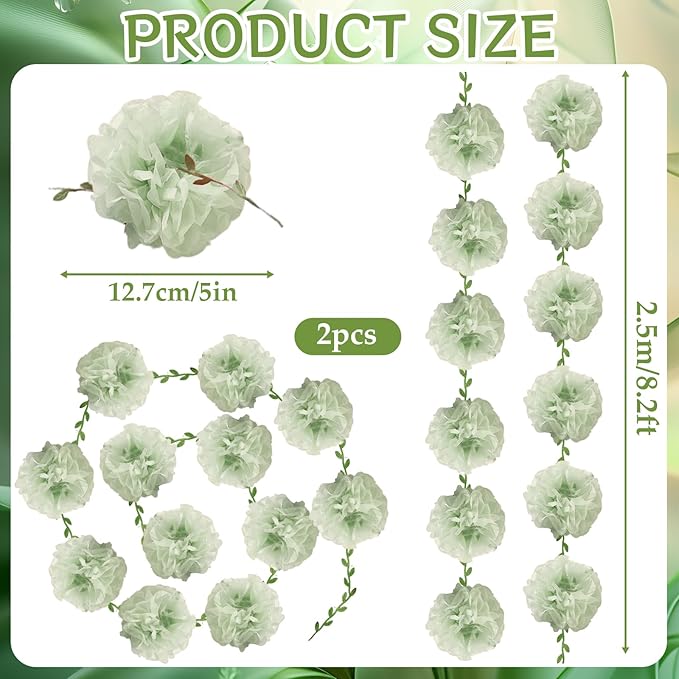 Green Flower Garland for Backdrop - 2 Pcs Artificial Flower Garlands for Wedding Party Arch Decor, 8.2 Ft Hanging Fake Paper Floral Vines for Room Wall Table Garden Background Decorations
