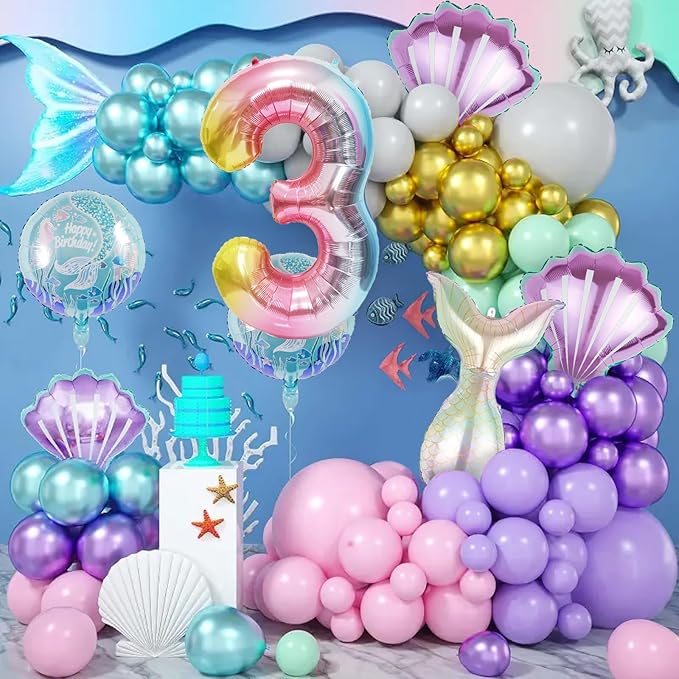 Mermaid Birthday Decorations Mermaid Balloons - Number 3 Balloons for Girls Under The Sea Mermaid Theme Baby Shower Birthday Favors
