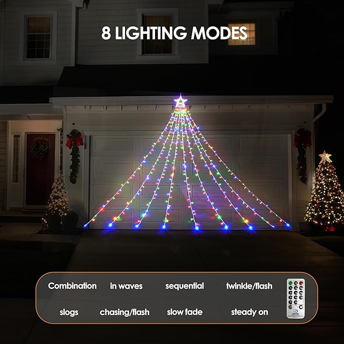 WBao Outdoor Christmas Decorations with Star Topper, 344 LED 11.9ft Color Changing Christmas Lights, Remote Control 11 Modes, Timer, UL Listed Waterproof for Tree Roof Porch, Warm White & Multicolor