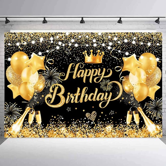 YinQin 180x120 cm Glitter Black Golden Happy Birthday Backdrops Photography Backgrounds Cloth 71x47 inch Bday Party Decorations Black Gold Happy Birthday Sign Banners for Men Women