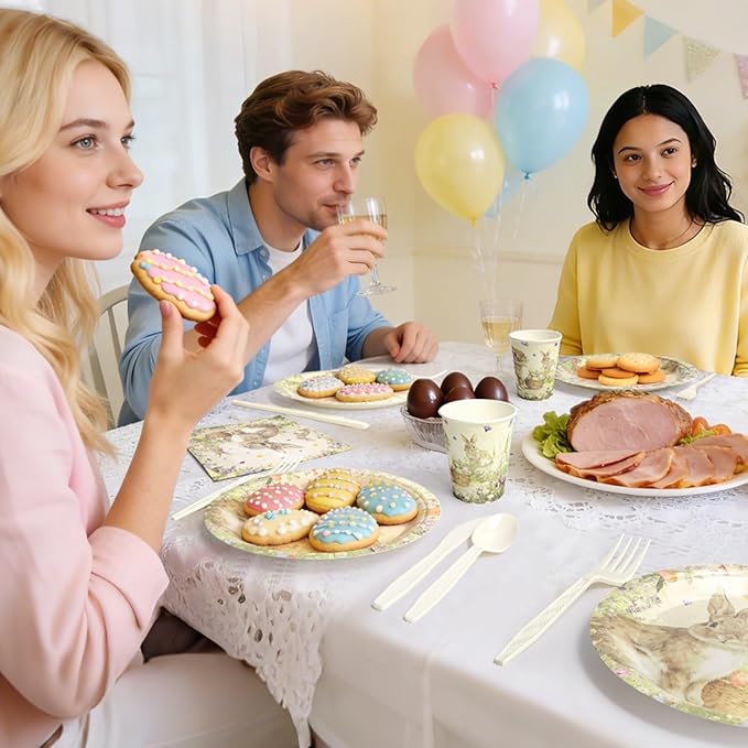 Easter Paper Plates Decorations - 168Pcs Bunny 9" Dinner Plates 7" Dessert Plates 9 OZ Paper Cups Napkins Set Cutlery Happy Easter Rabbit Party Supplies Serves 24