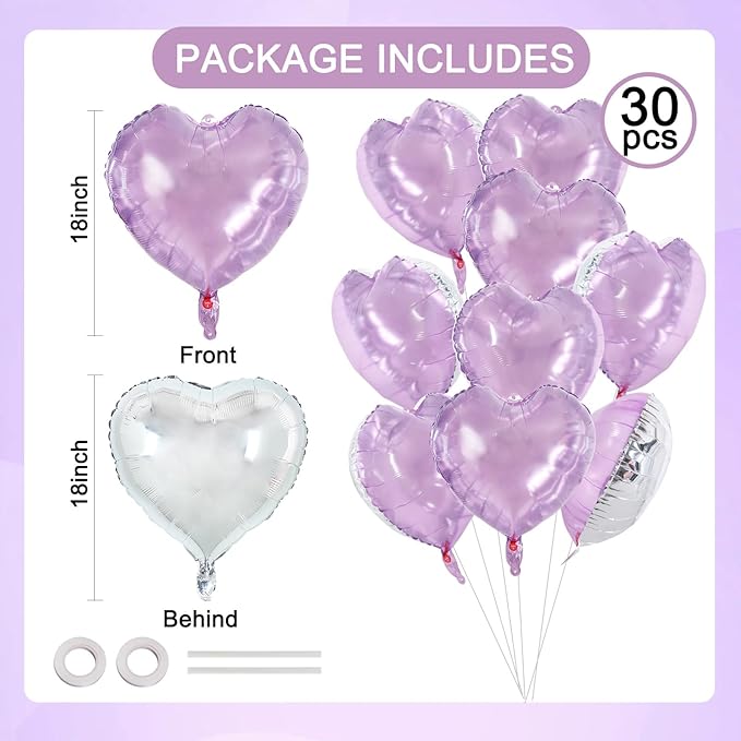 TONIFUL 30Pcs 18 Inch Light Purple Balloons Pastel Purple Heart Shape Foil Mylar Banners Decoration for Birthday Valentine's Day Wedding Bridal Shower Anniversary Engagement Party Supplies