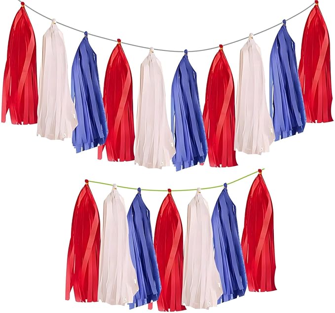 Red White & Blue Paper Tassels Garland Banner - Patriotic Tassel Decor for Birthday, Baby Shower, Family Party, Graduation, Engagement (30-Pack)