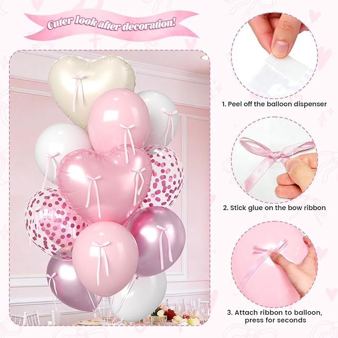 Pink and Cream Heart Balloons, 38 Inch Bow Balloons, White Metallic Pink Confetti Balloon with Bow Ribbons for Girls Women Birthday Wedding Bridal Baby Shower Valentines Day Decorations