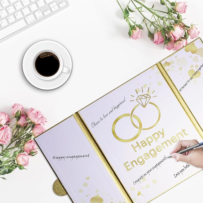 Large Engagement Card Engagement Gifts for Couple, Engagements Party Decorations, Happy Engagements Guest Book Alternative Decorations Party Supplies (Gold)
