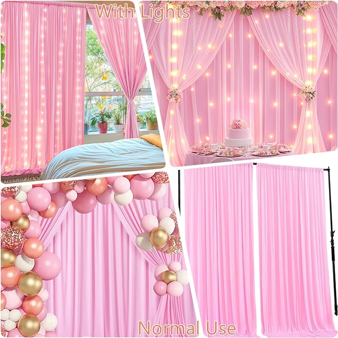 10 x 10ft Baby Pink Backdrop Curtains with Lights String for Girls Birthday Photo Backdrop Drapes Wrinkle Free Polyester Curtain Backdrop for Parties Wedding Reception Baby Shower Ceremony-5 x 10ft 2P