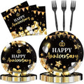 chiazllta 96 Pcs Anniversary Party Paper Plate and Napkins Gold Black Disposable Tableware Wedding Anniversary Party Supplies for 40th 50th 60th Wedding Favors 24 Guests