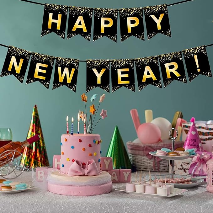 Fecedy Black Gold Happy New Year Banner for New year Party Decorations