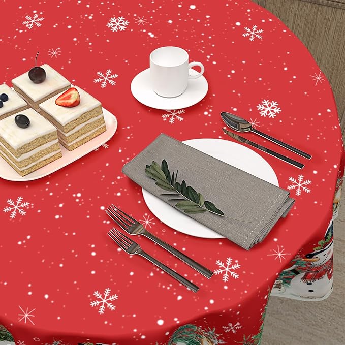 Red Christmas Round Tablecloth 70 Inch Xmas Snowman Pattern Circle Table Cloth Winter Snowflake Table Cover Washable Polyester Decorations for Home Kitchen Dinning Party