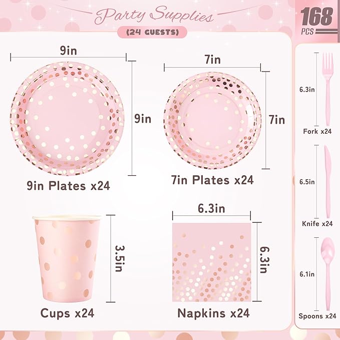 Pink and Rose Gold Dots Plates Set for 24 Guests, 168PCS Disposable Dinnerware,Party Supplies Paper Plates Napkins Cups Pink Cutlery for Birthday Baby Shower Wedding Graduation Retirement Anniversary