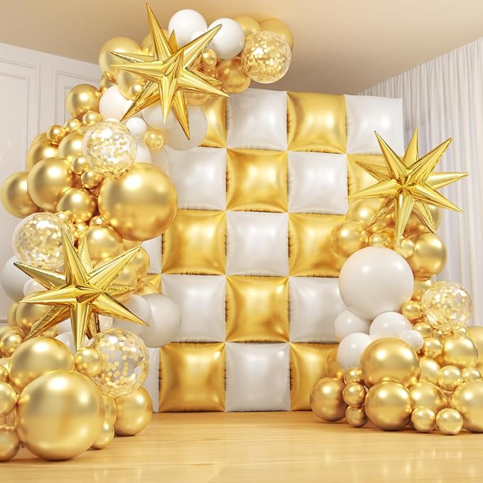 152Pcs Gold and White Foil Square Balloon Wall Backdrop with White and Gold Latex Balloons Arch Garland Kit, Double Sided Balloon Tunnel for Birthday Bridal Shower Baby Shower Anniversary Decorations
