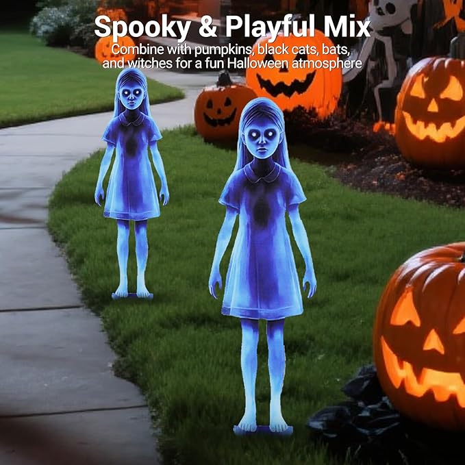 Scary Girl Ghost Courtyard Decoration for Halloween Outdoor, 2PCS Spooky Halloween Ghost Twins Yard Signs with Stakes, 16" Waterproof Iron Creepy Twins Lawn Signs Ground Stakes for Home Outside Decor