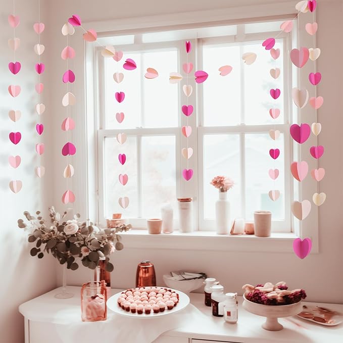 GCQQ Valentines Decorations - 3D Hot Pink Valentine's Day Decoration Paper Garland 39Ft Bridal Shower Decorations Hanging Heart Streamers for Mothers Day Galentines Day Wedding Birthday Party Decor