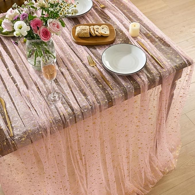 Horaldaily Pink Gold Sparkling Star Gauze Tablecloth 60x84 Inch Rectangular, Golden Star Sequin Glitter Metallic Foil, Sheer Tulle Cheesecloth for Wedding Baby Shower Party
