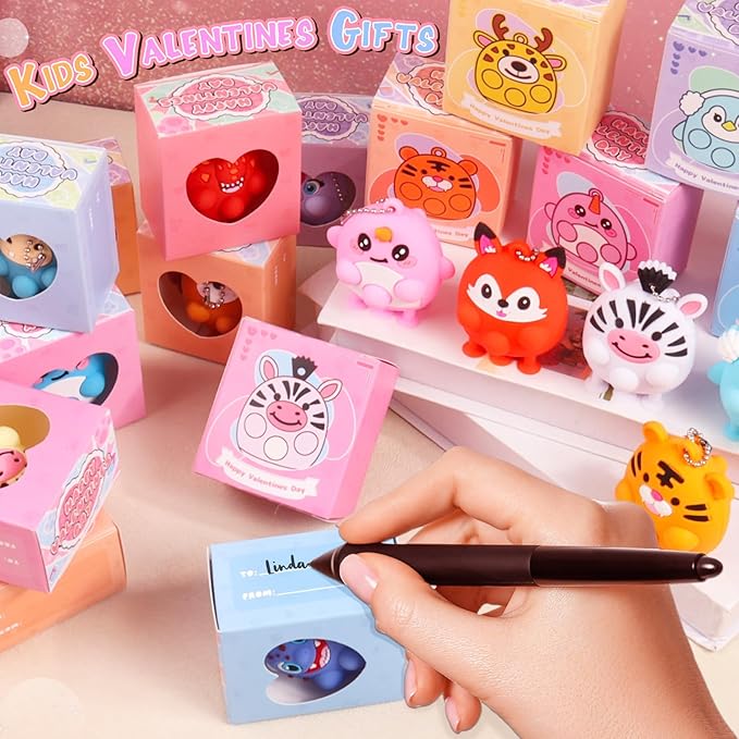 Valentines Day Gifts for Kids, 24 PCS Prefiled Valentines Box with 3D Animal Pop Suction Toys, Valentines Party Favors for Class, School Classroom Valentines Gifts for Boys Girls Toddlers