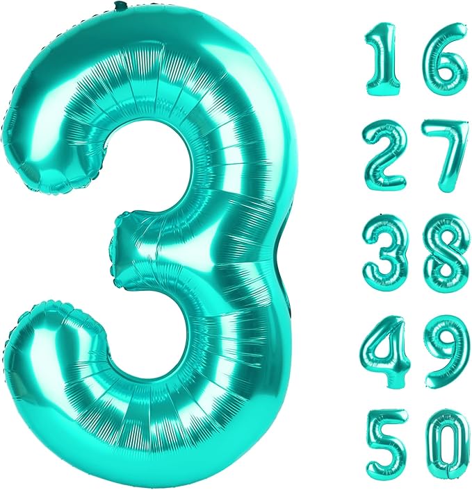 40 Inch Teal Blue Balloon Number 3 Balloon,Number Balloons Teal Big Giant Jumbo Number 3 Foil Mylar Balloons for 13th 23th Birthday Party Anniversary Events,Wedding Anniversary Party Decorations