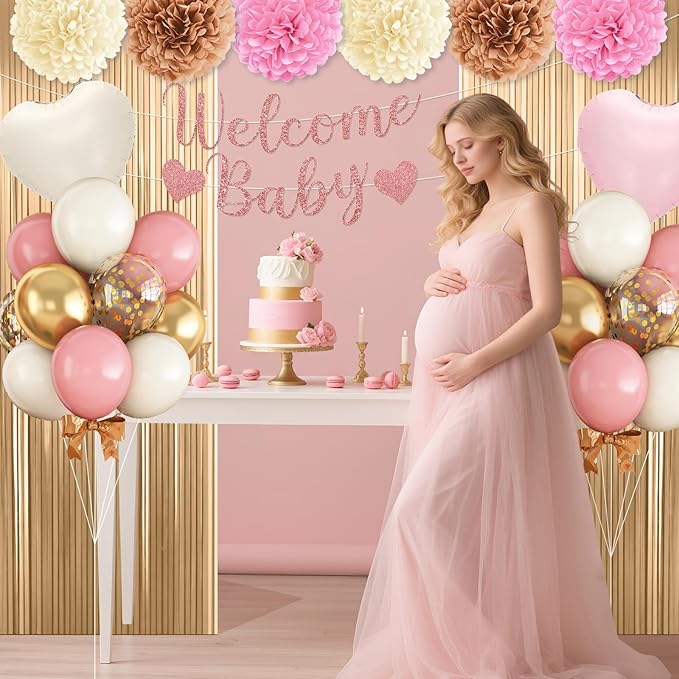 Dusty Pink Baby Shower Decorations for Girl,Welcome Baby Banner with Sand White Retro Pink Balloons Fringe Curtains Paper Pom Poms for Boho Baby Shower Gender Reveal Party Supplies