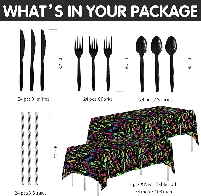 Neon Party Supplies Tableware - Glow Party Decorations Include Plate, Cup, Napkin, Tablecloth, Cutlery, Straw - Graffiti Theme Birthday Baby Shower Decorations | Serve 24