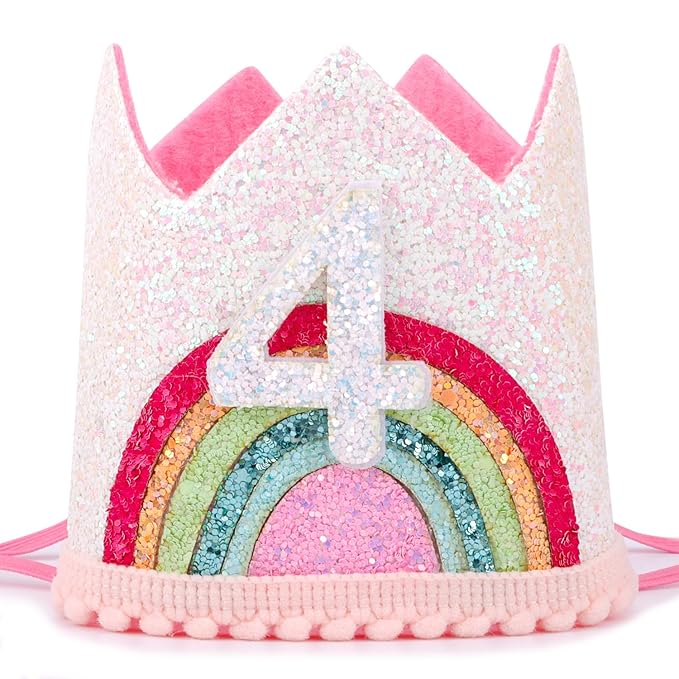 4 Year Old Girl Birthday Gifts 4th Birthday Decorations Four Year Old Girl Rainbow Birthday Hat Birthday Headband Princess Tiara Birthday Crown Birthday Accessories for Party Photo Props
