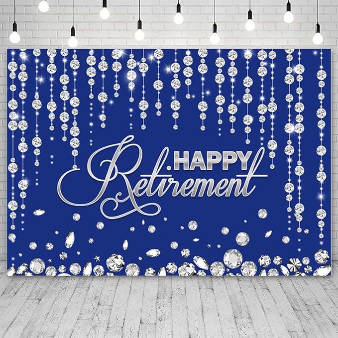 7x5ft Happy Retirement Backdrop for Party Decorations - Navy Blue and Silver Aged Retirement Banner