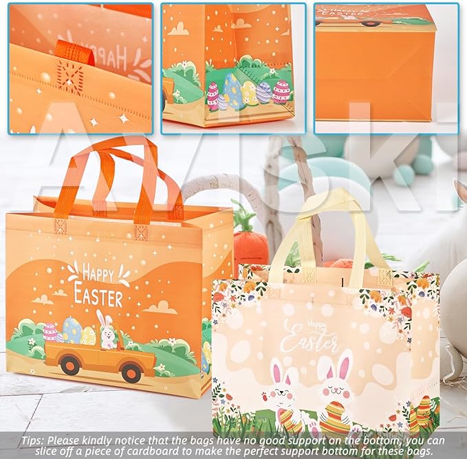 6PCS Happy Easter Egg Hunt Bags, Assorted Sizes Easter Bunny Carrot Chick Egg Gift Bags with Handles, Easter Treat Bags, Multifunctional Non-Woven Easter Bags for Gifts Wrapping, Egg Hunt Game, Easter