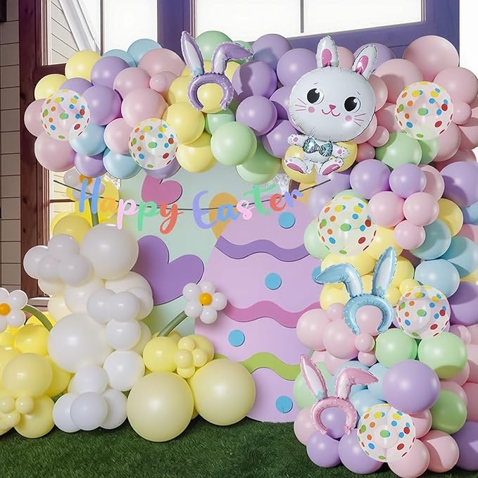Easter Balloon Arch Garland Kit, 12" 10" 5" Pastel Balloons with Bunny Rabbit Foil Balloon for Easter Party Decorations Spring Indoor Outdoor Party Supplies