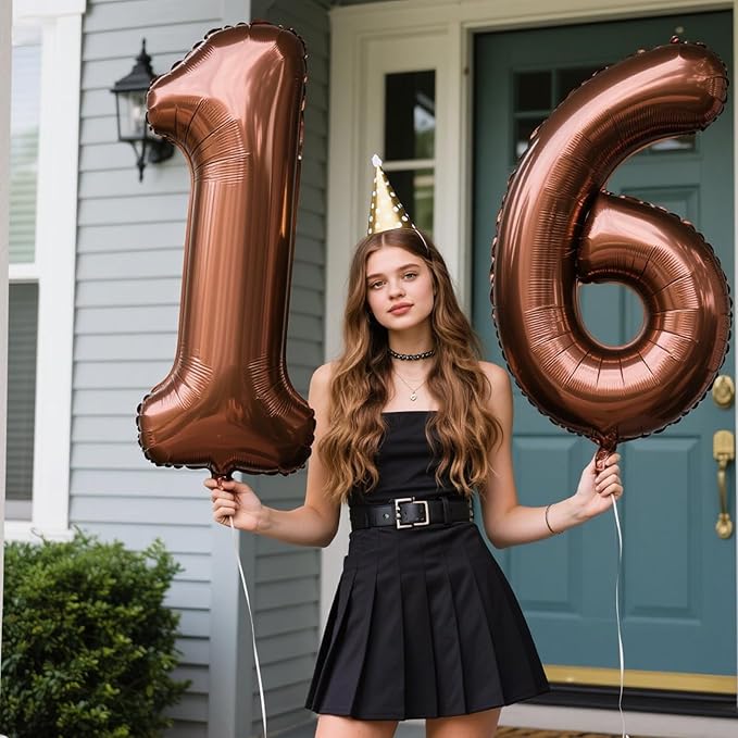 40 Inch Dark Brown Balloon Number 16,Chocolate Jumbo Mylar Foil Helium Balloon for 16th Digital Balloons for Birthday Party,Wedding Anniversary Party Decorations