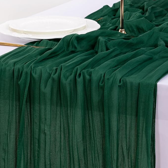 Socomi 3pcs Emerald Green Cheesecloth Table Runner Easter Spring Boho Rustic Gauze 120 inch 10FT Cheese Cloth Runner for Wedding Party Baby Shower Birthday Home Decor Holiday Decorations