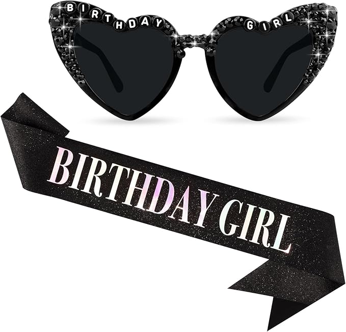 Birthday Girl Sash for Women & Birthday Glasses, Black Birthday Sash for Girls Happy Birthday Sash for Women Girls with Birth day Sunglasses for Woman and Girl
