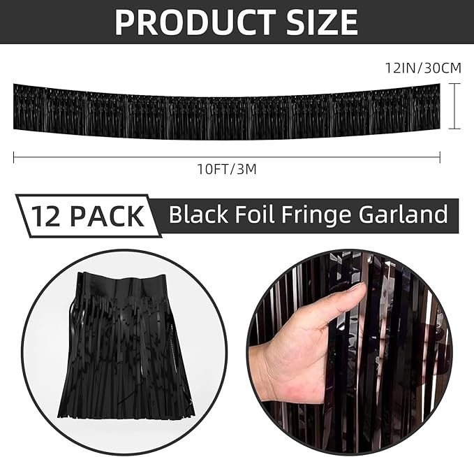12 Pack 10 Feet Metallic Foil Fringe Garland Tinsel Streamers Banner, Black Wall Hanging Tinsel Fringe Banners for Parade Floats, Wedding, Birthday, Christmas, New Year Party Decorations