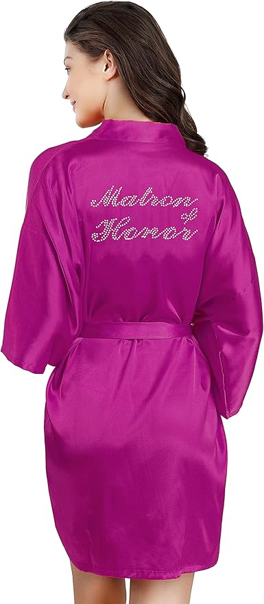 EPLAZA Women's One Size Silver Rhinestones Bride Bridesmaid Short Satin Robes for Wedding Party Getting Ready