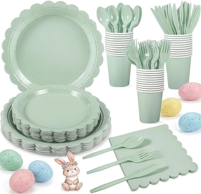 175 Pcs Party Plates and Cups and Napkins Sets, 9" Easter Plates, 7" Dessert Plate, 9oz Cups & Cutlery, 25 Guest Scalloped Sage Green Party Supplies for Easter, Bridal Baby Shower, Birthday