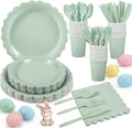 175 Pcs Party Plates and Cups and Napkins Sets, 9" Easter Plates, 7" Dessert Plate, 9oz Cups & Cutlery, 25 Guest Scalloped Sage Green Party Supplies for Easter, Bridal Baby Shower, Birthday