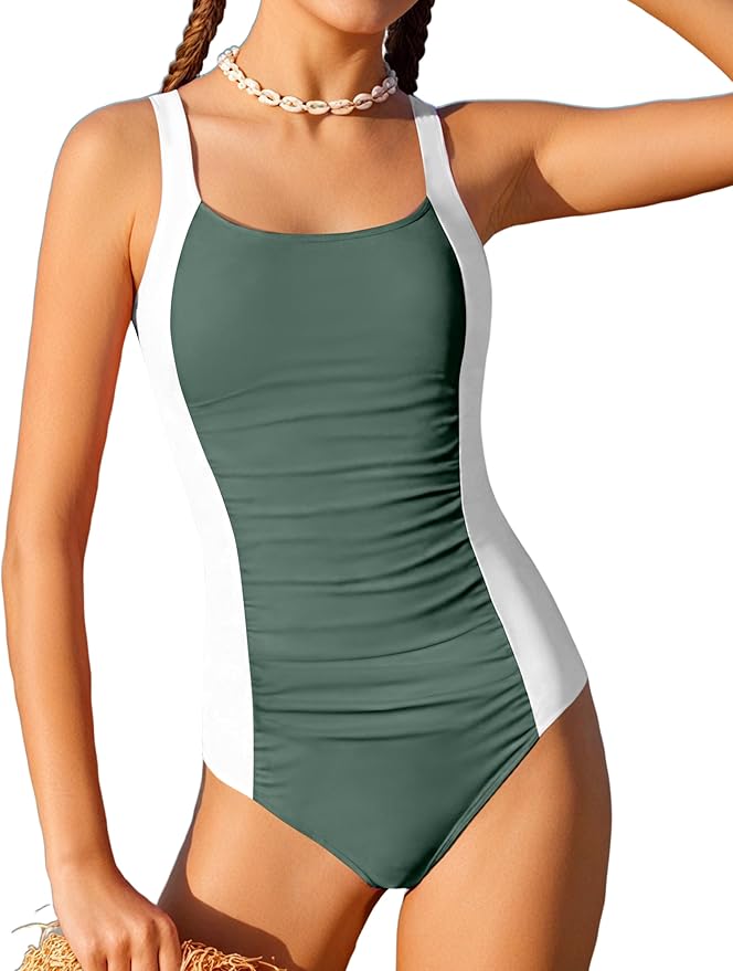 Girl Swimsuit One Piece Bathing Suit for Girls Solid Color Ruched Adjustable Straps Padded Swimwear 9-16y