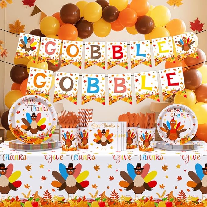 194Pcs Thanksgiving Party Tableware Decorations Supplies Turkey Paper Plates and Napkins Dinnerware Sets Thanksgiving Disposable Plates Set with Napkins and Tablecloth Serves 24