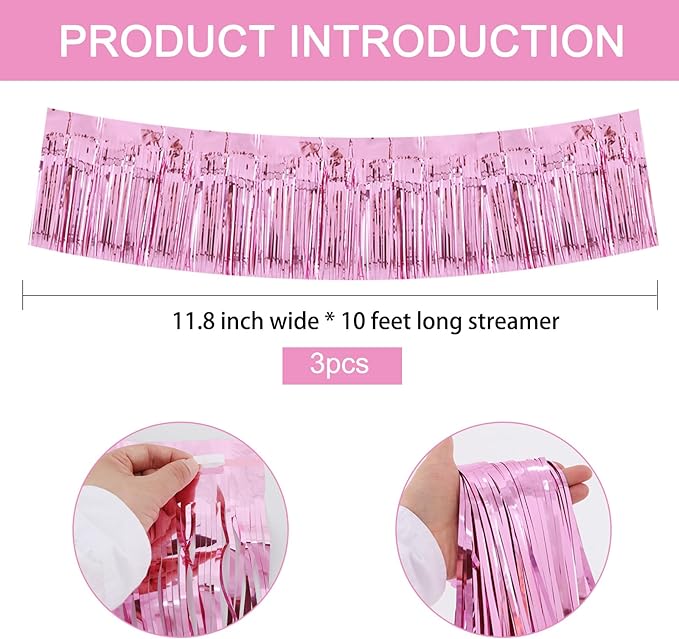 BEISHIDA 3 Packs Metallic Foil Fringe Garland Pink Wall Hanging Tinsel Fringe Banners for Car Floats Birthday Baby Bridal Shower Wedding Graduation Holiday Party Decoration(30 Feet)