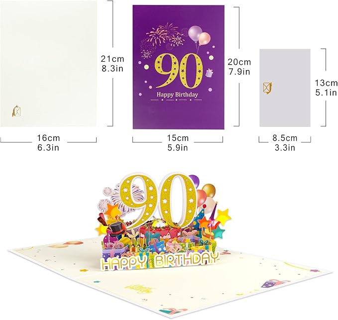 90 Years 0ld Firework Pop Up Happy Birthday Greeting Card, ideal love Gift for Adult and Kid with Blank Note & Envelope, Foldable Celebration for Daughter, Son, Mom, Dad, Friend, Children