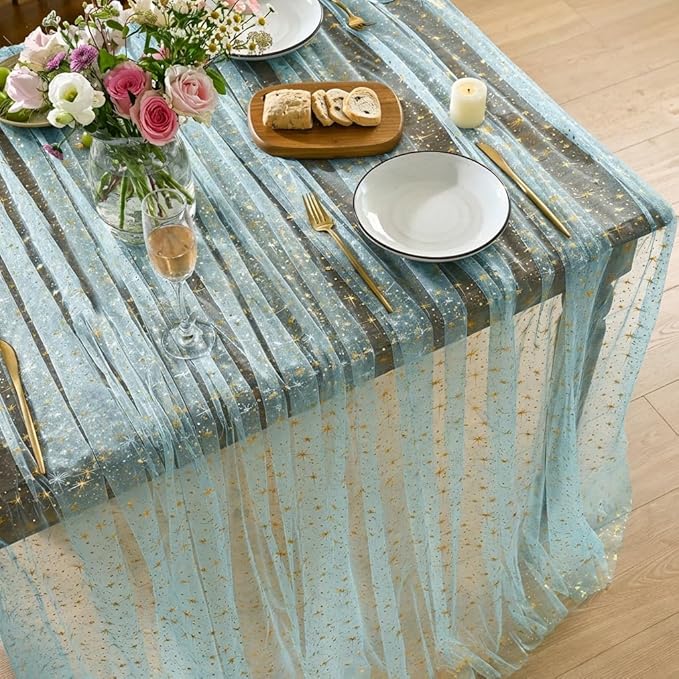 Horaldaily Blue Gold Sparkling Star Gauze Tablecloth 60x84 Inch Rectangular, Golden Star Sequin Glitter Metallic Foil, Sheer Tulle Cheesecloth for Wedding Baby Shower Party