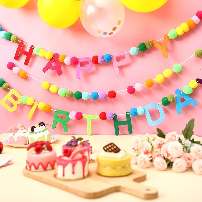 Breling 3 Pieces Happy Birthday Felt Garlands 10ft Colorful Pompom Ball Garland Birthday Party Decorations for Wall, Mantle Fireplace, Hanging Decor