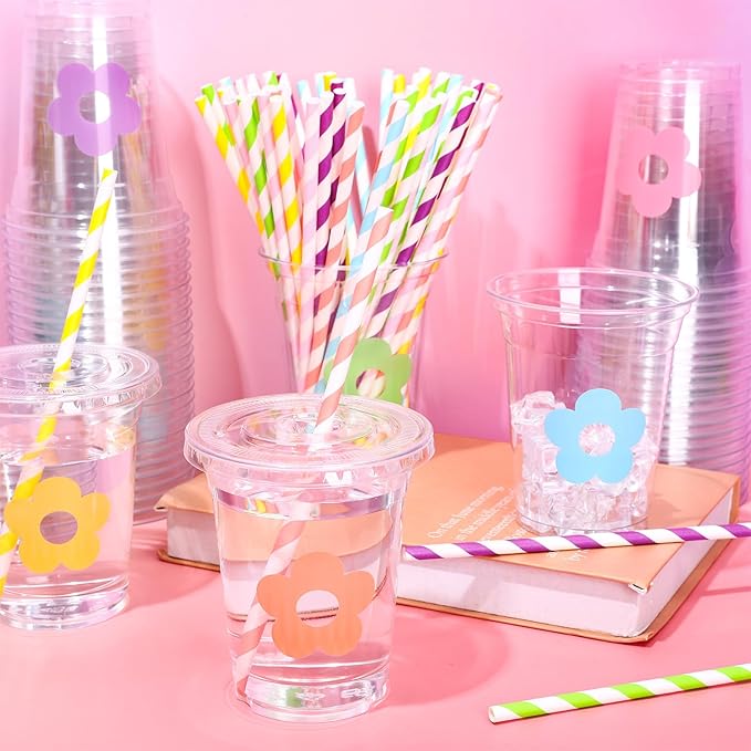 Whaline 60Pcs 12Oz Flower Disposable Plastic Cups with Lids and Straws Cute Pastel Floral Cold Beverage Drinking Cups for Spring Summer Wedding Birthday Baby Shower