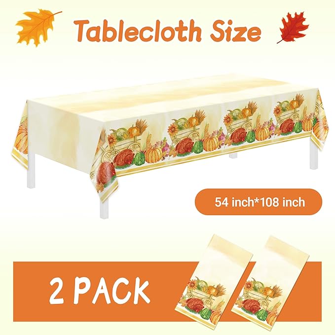 Childom 2 Pack Thanksgiving Tablecloths,Thanksgiving Decorations 54x108 Inch Plastic Table Cloth Rectangle Table,Disposable Tablecloths for Home,Picnic,Birthday,Outdoor,Friendsgiving Party Decorations