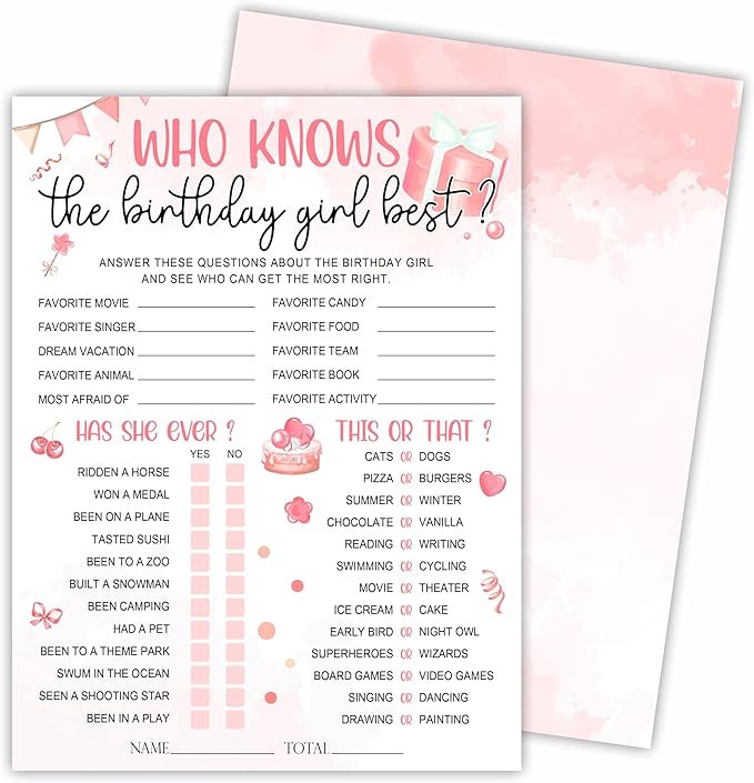 6"X8" Who Knows The Birthday Girl Best - Blush Birthday Elements - Funny Double-Sided 3-in-1 Game Card Set For Girls Birthday Party, Sleepover Party Activities, Favor & Supplies (20Pcs)- A10