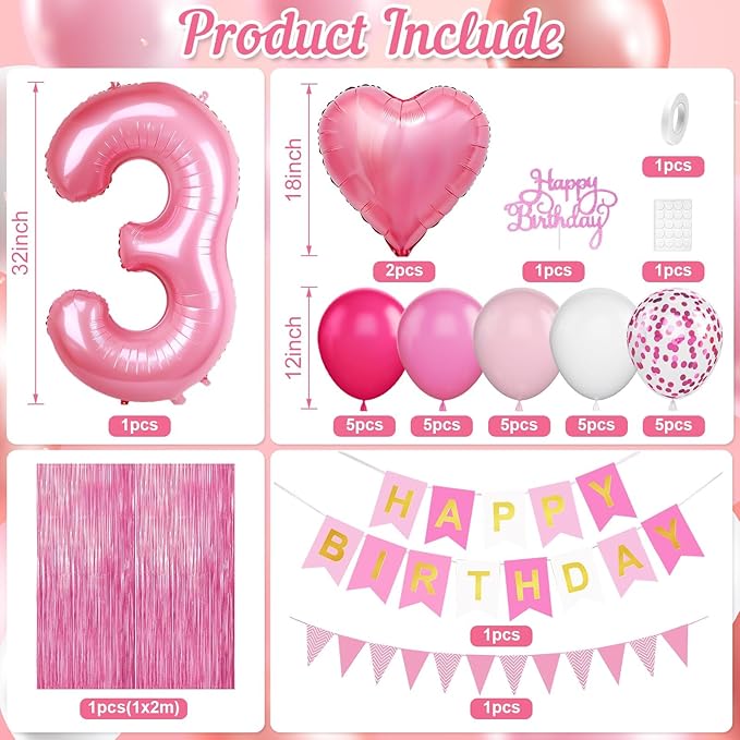 3rd Birthday Decorations for Girls: Hot Pink Balloons, Happy Birthday Banner, Fringe Curtain, Triangle Bunting, Cake Topper, Foil Heart Balloons, Glue, Ribbon