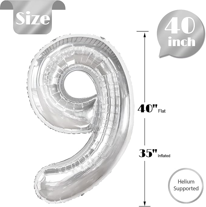 Silver Number 9 Balloon 40 Inch, 9 Balloon Number, 9th Birthday Decorations, Silver Party Supplies for Boys Girls