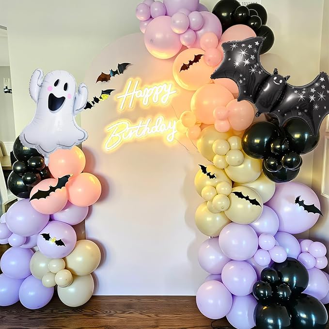Pink Purple Halloween Balloon Arch Garland Kit, 125pcs Pastel Witch Halloween Balloon with Bat & Cute Ghost Foil Balloons for Girls Baby Shower halloween Boo Spooky Season Indoor Party Decorations