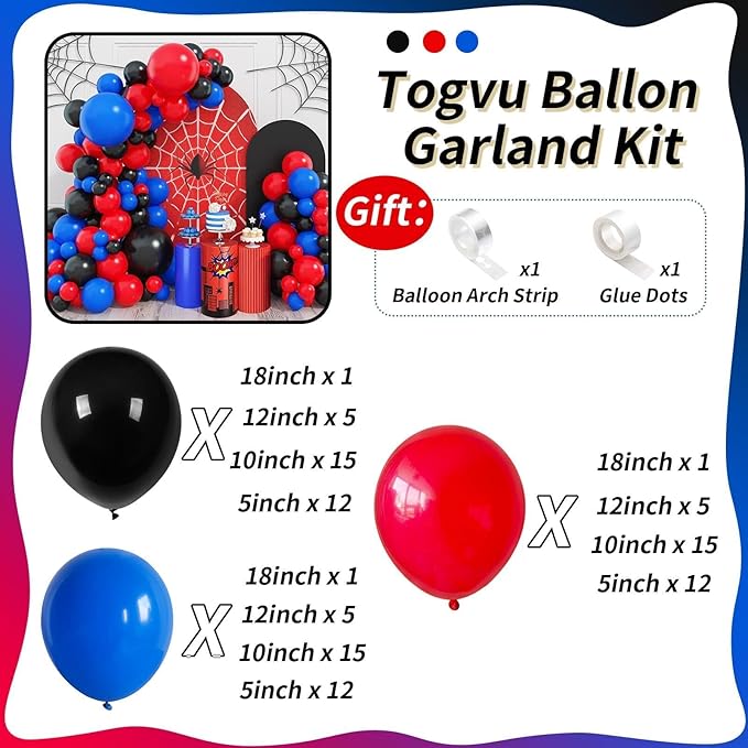 Red Blue Black Balloon Arch Garland Kit, 101 Pcs Matte Red Black and Royal Blue Latex Balloon Garland Set for Boys Kids Man Halloween Cool Spider Theme Party Birthday Graduation Party Decorations