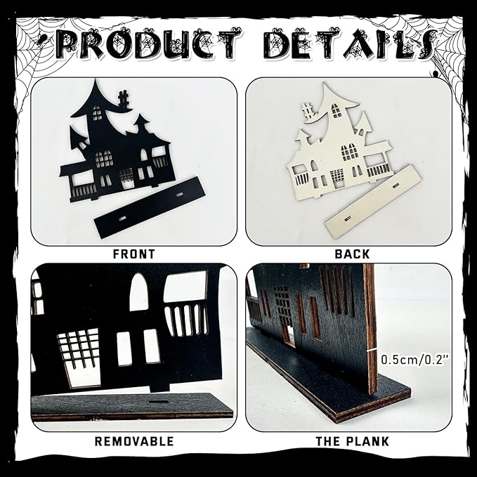Halloween Decorations Indoor - 4 Pcs Halloween Table Decor Haunted House Black Wooden Sign Silhouette Sketch Ghost House Tabletop Centerpiece for Party Home Decorations